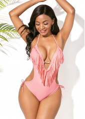 Light Pink Tassel Embellished Halter One Piece Swimwear