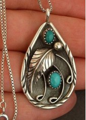 Teardrop Turquoise Feather Design Metal Necklace