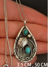 Teardrop Turquoise Feather Design Metal Necklace