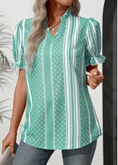 Striped Frill Mint Green Split Neck Blouse