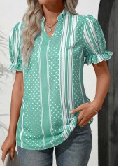 Striped Frill Mint Green Split Neck Blouse