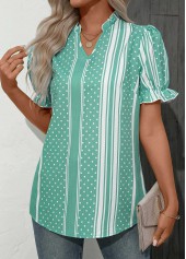 Striped Frill Mint Green Split Neck Blouse