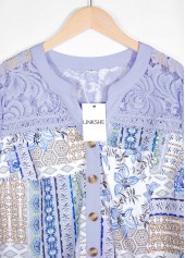 Patchwork Dusty Purple 3/4 Sleeve Split Neck Blouse