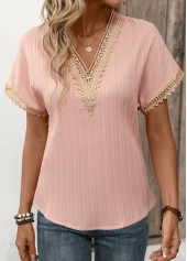 Patchwork Light Pink Short Sleeve V Neck T Shirt