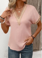 Patchwork Light Pink Short Sleeve V Neck T Shirt