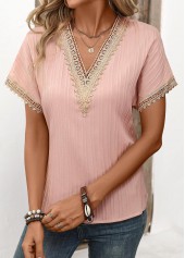 Patchwork Light Pink Short Sleeve V Neck T Shirt