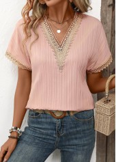 Patchwork Light Pink Short Sleeve V Neck T Shirt