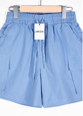 Dusty Blue Elastic Waist Pocket High Waisted Shorts