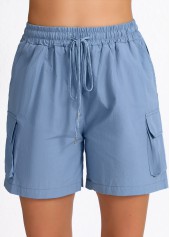 Dusty Blue Elastic Waist Pocket High Waisted Shorts