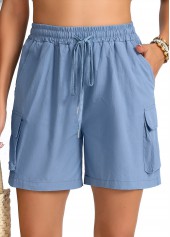 Dusty Blue Elastic Waist Pocket High Waisted Shorts