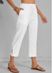 White Elastic Waist Patchwork High Waisted Pants