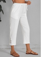 White Elastic Waist Patchwork High Waisted Pants
