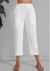 White Elastic Waist Patchwork High Waisted Pants