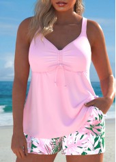Tropical Plants Print Drawstring Light Pink Tankini Set