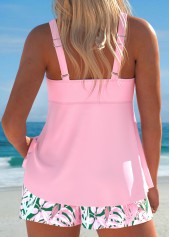Tropical Plants Print Drawstring Light Pink Tankini Set