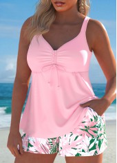 Tropical Plants Print Drawstring Light Pink Tankini Set
