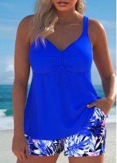 Tropical Plants Print Drawstring Royal Blue Tankini Set