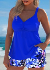 Tropical Plants Print Drawstring Royal Blue Tankini Set