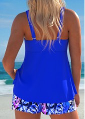 Tropical Plants Print Drawstring Royal Blue Tankini Set