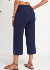 Navy Elastic Waist High Waisted Button Pants