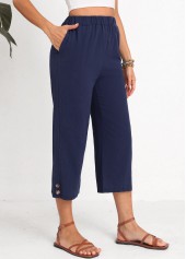 Navy Elastic Waist High Waisted Button Pants