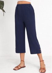 Navy Elastic Waist High Waisted Button Pants