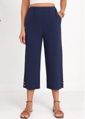 Navy Elastic Waist High Waisted Button Pants