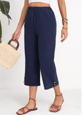 Navy Elastic Waist High Waisted Button Pants