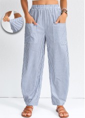 Striped Patchwork Dusty Blue Elastic Waist High Waisted Pants