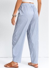 Striped Patchwork Dusty Blue Elastic Waist High Waisted Pants