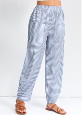 Striped Patchwork Dusty Blue Elastic Waist High Waisted Pants