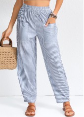 Striped Patchwork Dusty Blue Elastic Waist High Waisted Pants