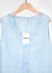 Embroidery Light Blue Sleeveless V Neck Tank Top