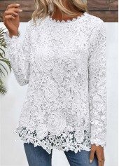 Embroidery White Long Sleeve Round Neck T Shirt