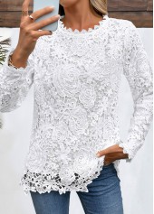 Embroidery White Long Sleeve Round Neck T Shirt