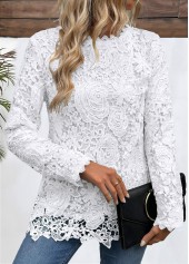 Embroidery White Long Sleeve Round Neck T Shirt