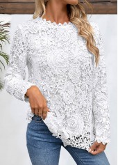 Embroidery White Long Sleeve Round Neck T Shirt