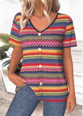 Tribal Print Button Multi Color Short Sleeve T Shirt