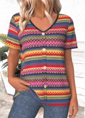 Tribal Print Button Multi Color Short Sleeve T Shirt