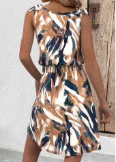 Geometric Print Button White Short Sleeveless V Neck Dress