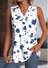 Floral Print Breathable White Sleeveless V Neck Tank Top