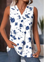 Floral Print Breathable White Sleeveless V Neck Tank Top