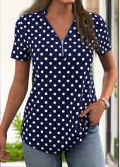 Polka Dot Zipper Navy Short Sleeve T Shirt