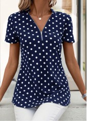 Polka Dot Zipper Navy Short Sleeve T Shirt