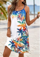 Tropical Plants Print White A Line Strappy Dress