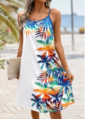 Tropical Plants Print White A Line Strappy Dress