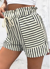 Striped Drawstring White Elastic Waist High Waisted Shorts