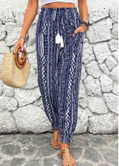 Geometric Print Smocked Navy Jogger Elastic Waist Pants
