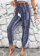 Geometric Print Smocked Navy Jogger Elastic Waist Pants