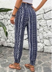 Geometric Print Smocked Navy Jogger Elastic Waist Pants